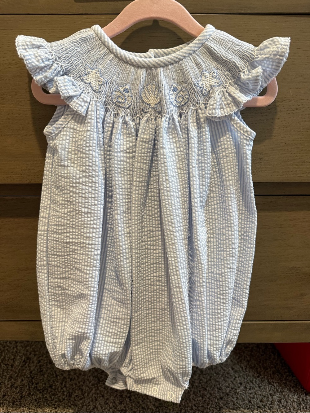 Smocked Light Blue Ruffle-Trim Baby Pajama Romper